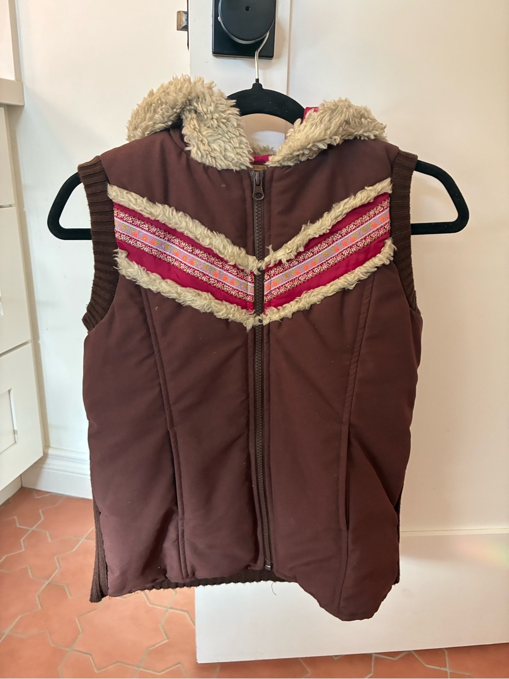 Free People BOHO Brown And Purple Puffer Vest With Hoodie Size